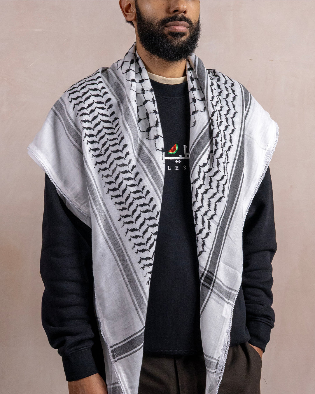 a man wearing the palestinian black and white keffiyeh