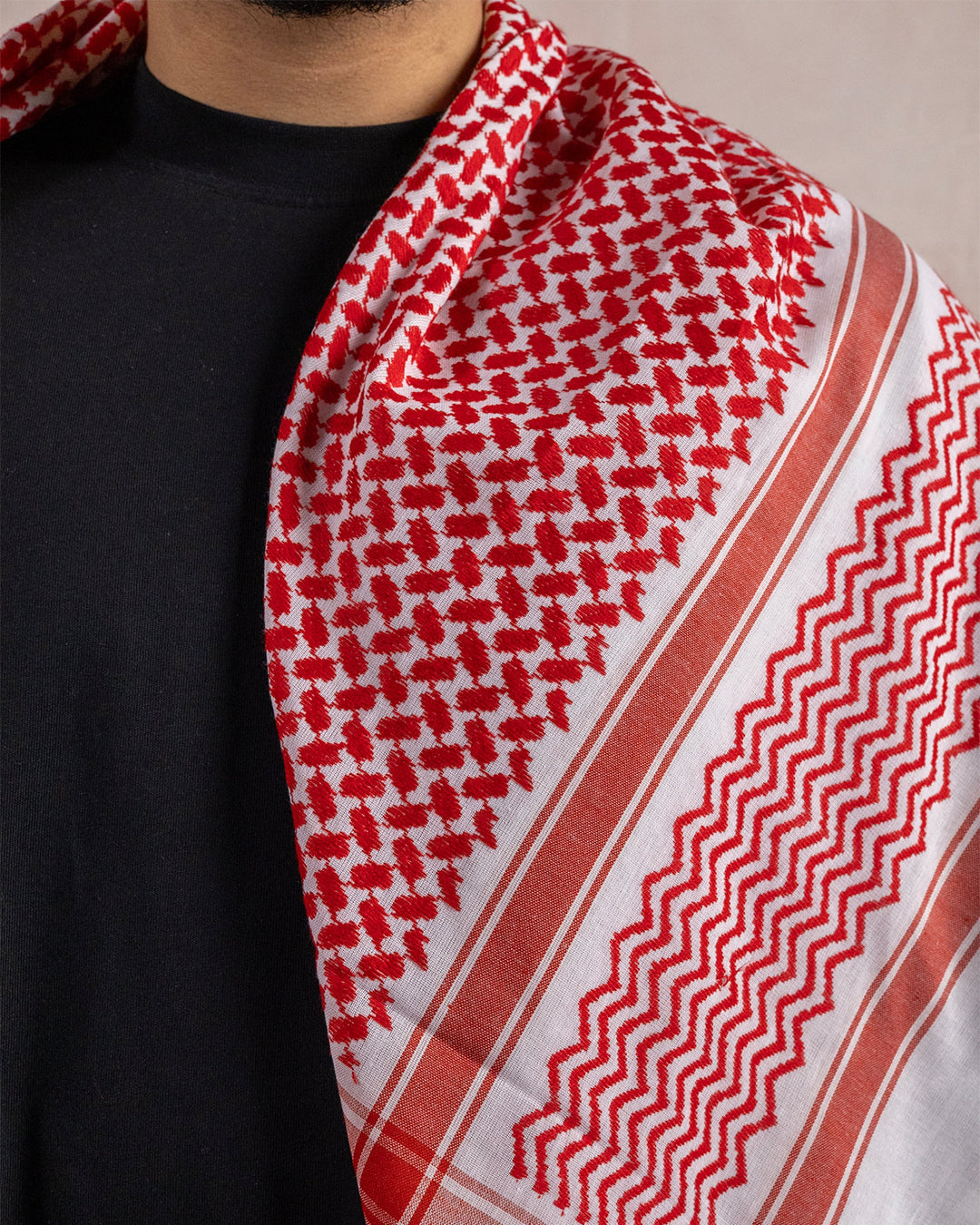 close up of a red and white palestinian keffiyeh
